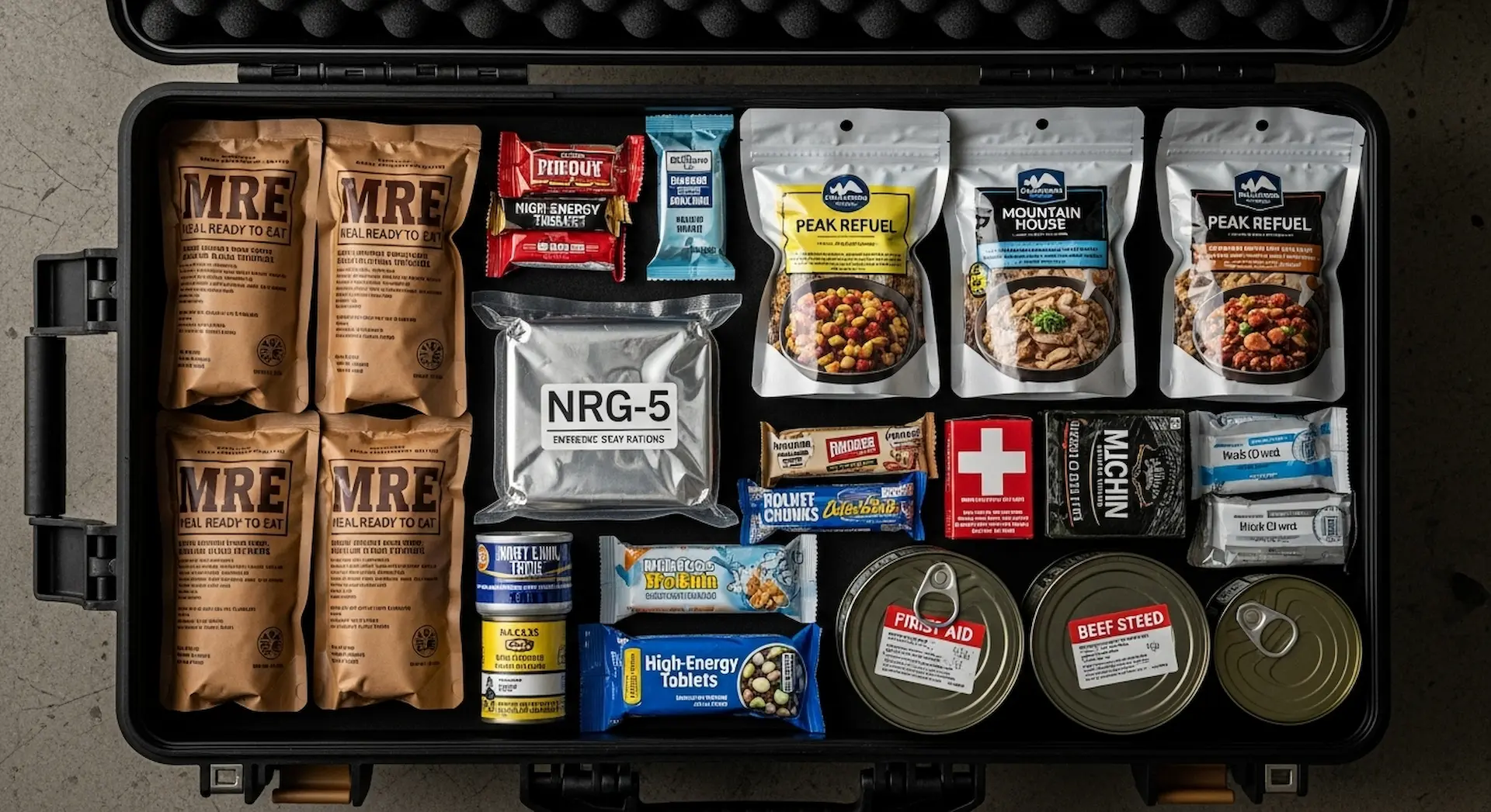 Despensa de supervivencia con comida de emergencia: MREs, raciones, latas y comida liofilizada