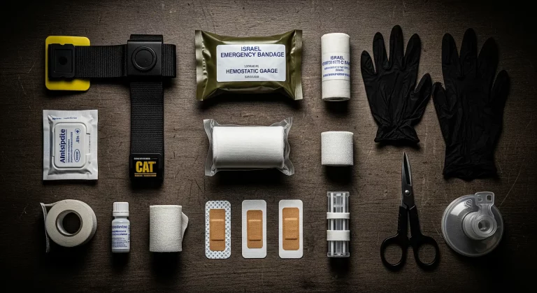 Kit de primeros auxilios de supervivencia (IFAK) profesional con torniquete, vendaje israelí y material para hemorragias.