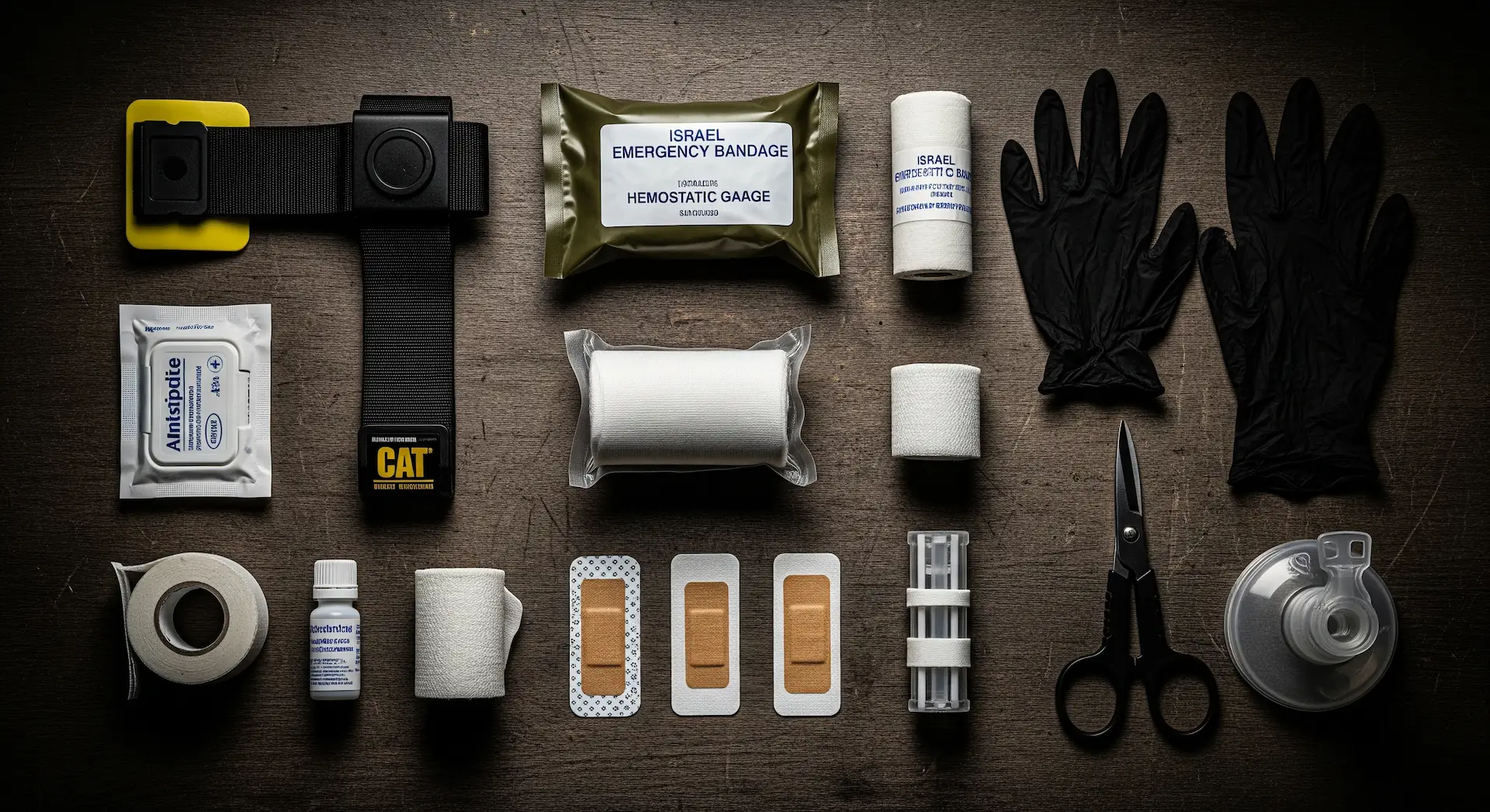 Kit de primeros auxilios de supervivencia (IFAK) profesional con torniquete, vendaje israelí y material para hemorragias.