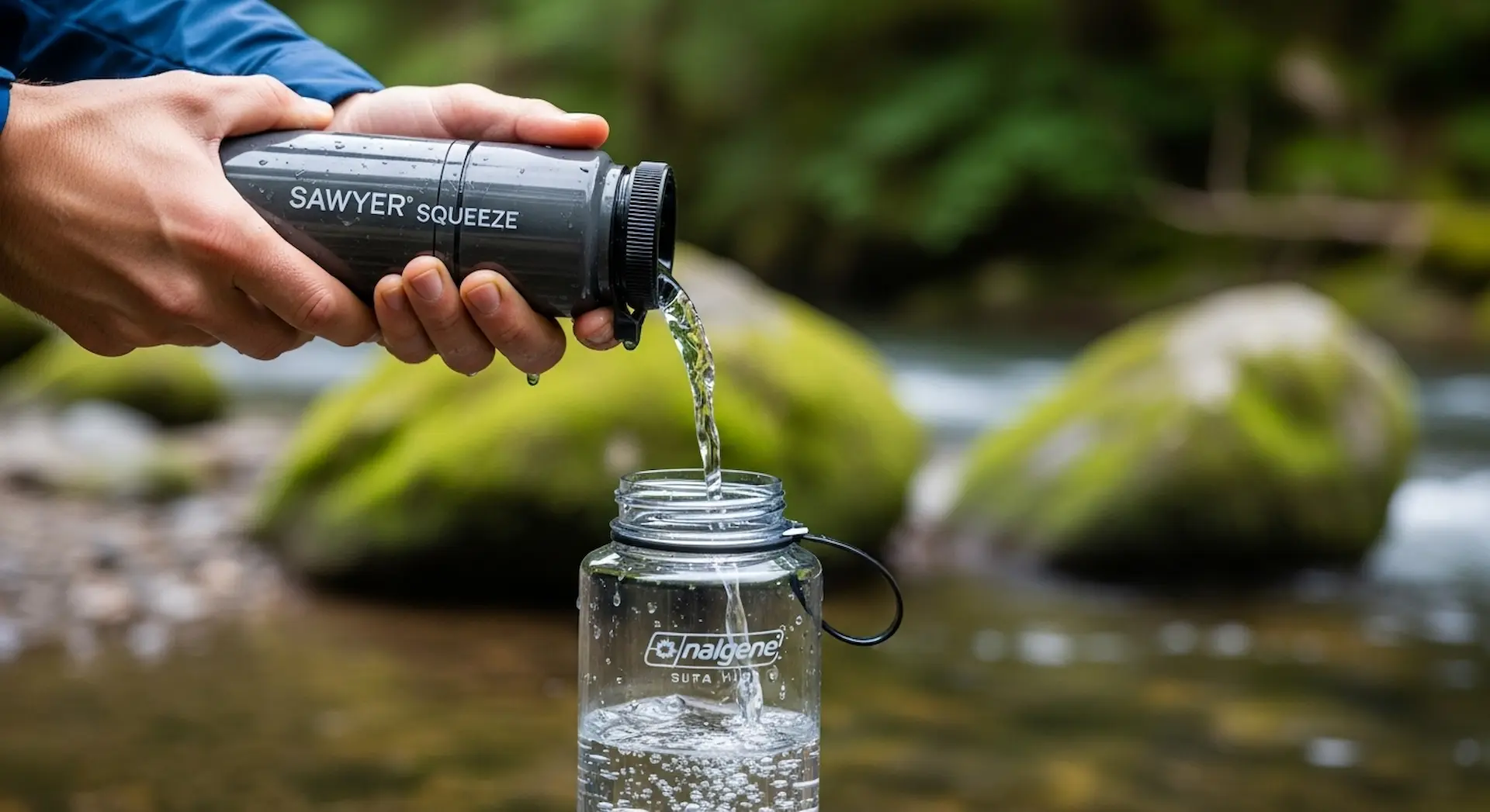 Análisis de los mejores filtros de agua portátiles de 2025, mostrando un Sawyer Squeeze en acción.